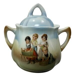 Antique Germany 214 Porcelain Sugar Bowl w/ Lid Children Scene Double Handle